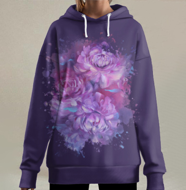 Пышные пионы в сиреневых и розовых тонах, Hoodie Long Oversize 3D