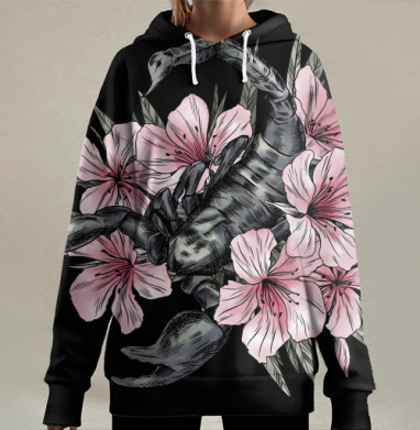 Скорпион с олеандром на черном фоне, Hoodie Long Oversize 3D