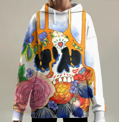 Яркий сахарный череп с цветами – Искусство жизни и памяти, Hoodie Long Oversize 3D