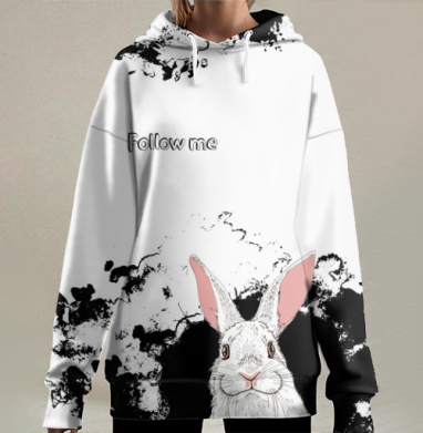 Белый кролик с приглашением следовать за ним, Hoodie Long Oversize 3D