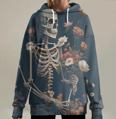 Скелет с цветами символика жизни и смерти навсегда вместе, Hoodie Long Oversize 3D