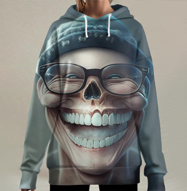 Широкая улыбка черепа с очками и синей шапкой, Hoodie Long Oversize 3D