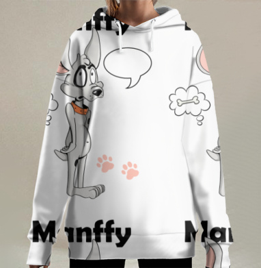 Ожидающая собака с косточкой мысли на сером фоне, Hoodie Long Oversize 3D