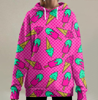 Сочный летний розовый паттерн с мороженым, Hoodie Long Oversize 3D