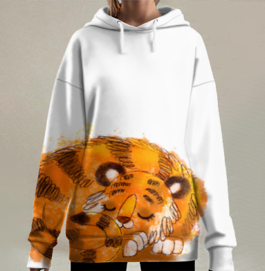 Милый спящий тигренок в акварельном стиле, Hoodie Long Oversize 3D