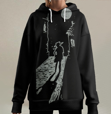 Ночная улица с тенью мистический силуэт тусклый свет, Hoodie Long Oversize 3D