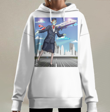 Стюардесса зомби на фоне британского самолета British Airways, Hoodie Long Oversize 3D