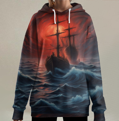 Морское плавание на волнах с красным небом – Свободное плавание, Hoodie Long Oversize 3D