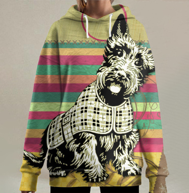 Веселый шотландский терьер в клетчатой жилетке сидит на фоне, Hoodie Long Oversize 3D