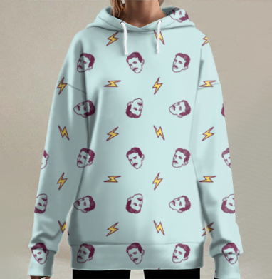 Паттерн с портретами Николы Теслы и молниями, Hoodie Long Oversize 3D