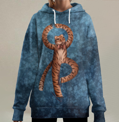 Дикий тигр танцует балет на коньках на синем, Hoodie Long Oversize 3D