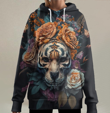Тигр в цветах мистическая дикая природа, Hoodie Long Oversize 3D