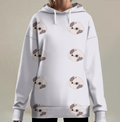 Щенки бежевый лиловый светло серый милота на фоне, Hoodie Long Oversize 3D