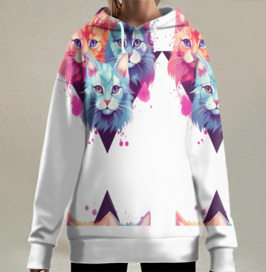 Три ярких кота в поп арт стиле на сером фоне, Hoodie Long Oversize 3D