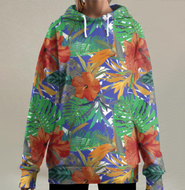 Тропический цветочный узор с яркими цветами гибискуса, Hoodie Long Oversize 3D
