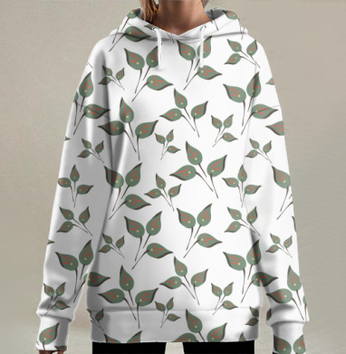 Зеленые веточки с листьями узор на белом фоне, Hoodie Long Oversize 3D