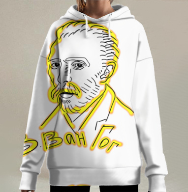 Портрет Ван Гог с желтым свечением на белом фоне, Hoodie Long Oversize 3D