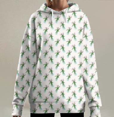 Веселые девочки играют на природе весенняя зелень на белом фоне, Hoodie Long Oversize 3D