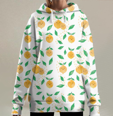 Улыбающиеся апельсины с листьями для детских изделий, Hoodie Long Oversize 3D