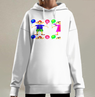 Счастливые дети с разноцветными шарами улыбаются вместе, Hoodie Long Oversize 3D