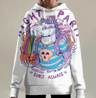 Веселый единорог с радугой на ночной вечеринке, Hoodie Long Oversize 3D