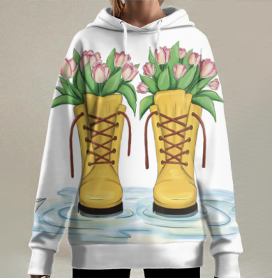 Желтые сапоги с тюльпанами и водой внизу, Hoodie Long Oversize 3D