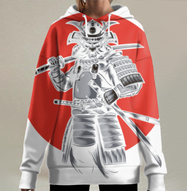 Воин самурай с мечом на красном фоне, Hoodie Long Oversize 3D