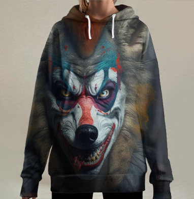 Злобный волк клоун грим смех темная сторона, Hoodie Long Oversize 3D