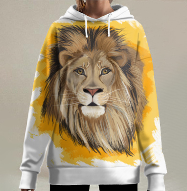 Величественный лев спокойный, сильный хищник Африки, Hoodie Long Oversize 3D