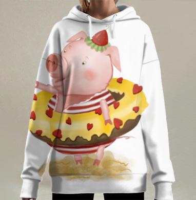 Веселая хрюшка у воды в отпуске, Hoodie Long Oversize 3D