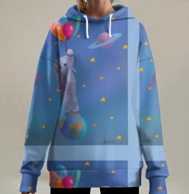 Волшебный слоненок с воздушными шарами в космосе, Hoodie Long Oversize 3D