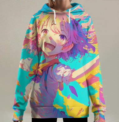 Радостная девочка в движении с яркими красками и светлым настроением, Hoodie Long Oversize 3D
