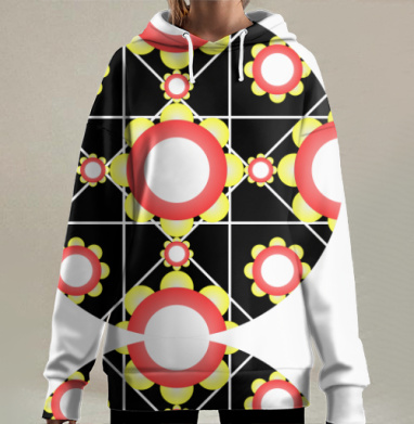 Геометрические красно желтые цветы в черном фоне, Hoodie Long Oversize 3D