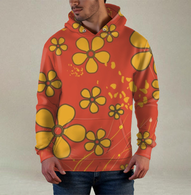 Yellow Flowers Retro Pattern – Желтые цветы ретро узор оранжевого цвета, Худи / Мужская / С карманом / 3D