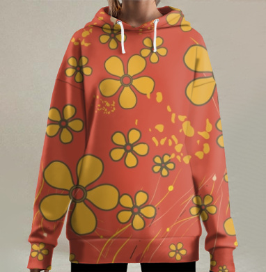 Yellow Flowers Retro Pattern – Желтые цветы ретро узор оранжевого цвета, Hoodie Long Oversize 3D