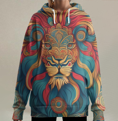 Царственный лев в богатых узорах настенных панно востока, Hoodie Long Oversize 3D