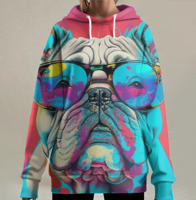Яркий бульдог в солнцезащитных очках к лету, Hoodie Long Oversize 3D