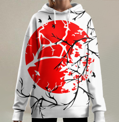 Кроваво красное солнце обнимает тонкие ветви, Hoodie Long Oversize 3D