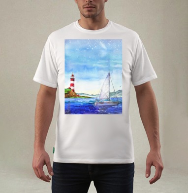 Яхта и маяк в море, Футболка мужская REGULAR белая