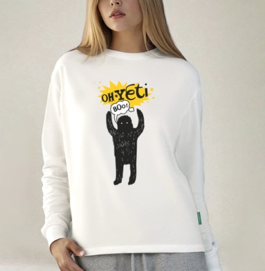 Забавный йети с поднятыми руками и надписью oh Yeti, Футболка лонгслив женская белая