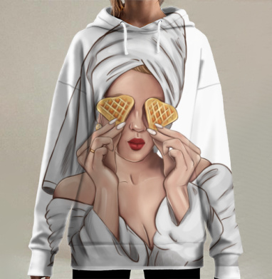 Женщина в халате с вафлями и завтрак, Hoodie Long Oversize 3D