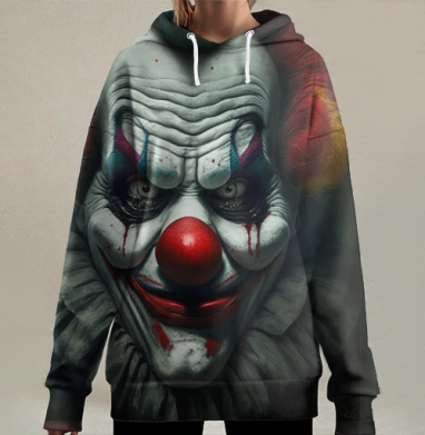 Зловещий клоун с зловещей улыбкой и макияжем темных тонов, Hoodie Long Oversize 3D