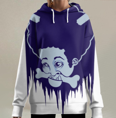 Голова с костями и мрачной иронией среди темного синего, Hoodie Long Oversize 3D