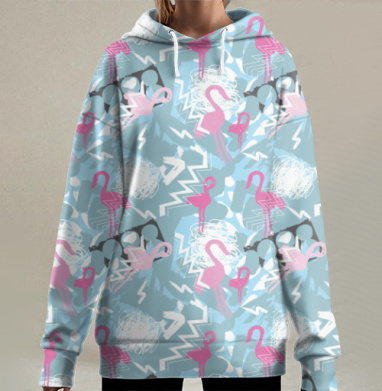 Абстракция розовые фламинго, Hoodie Long Oversize 3D