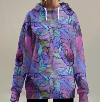 Абстрактный сюрреализм лицо цветы сиреневый голубой черный, Hoodie Long Oversize 3D