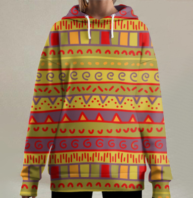 Африканские этнические полосы с символами и цветами теплые оттенки, Hoodie Long Oversize 3D