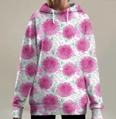 Акварельная японская хризантема, Hoodie Long Oversize 3D