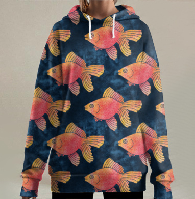 Яркие рыбы контрастный синий фон плавают вместе, Hoodie Long Oversize 3D