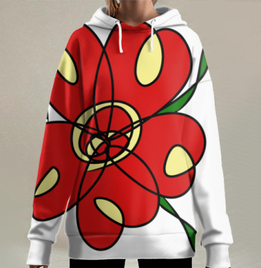 Красный цветок абстракция зеленый лист способный визуально, Hoodie Long Oversize 3D