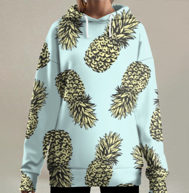 Летний узор с ананасами на голубом фоне, Hoodie Long Oversize 3D